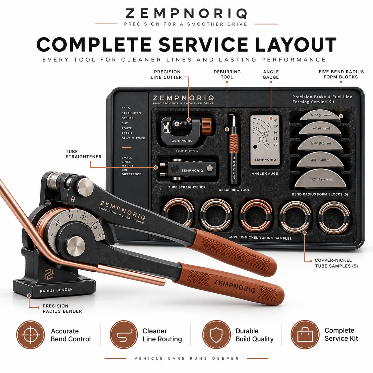 ZEMPNORIQ Precision Brake & Fuel Line Forming Service Kit - Radius Bender, Straightener & Deburring Set